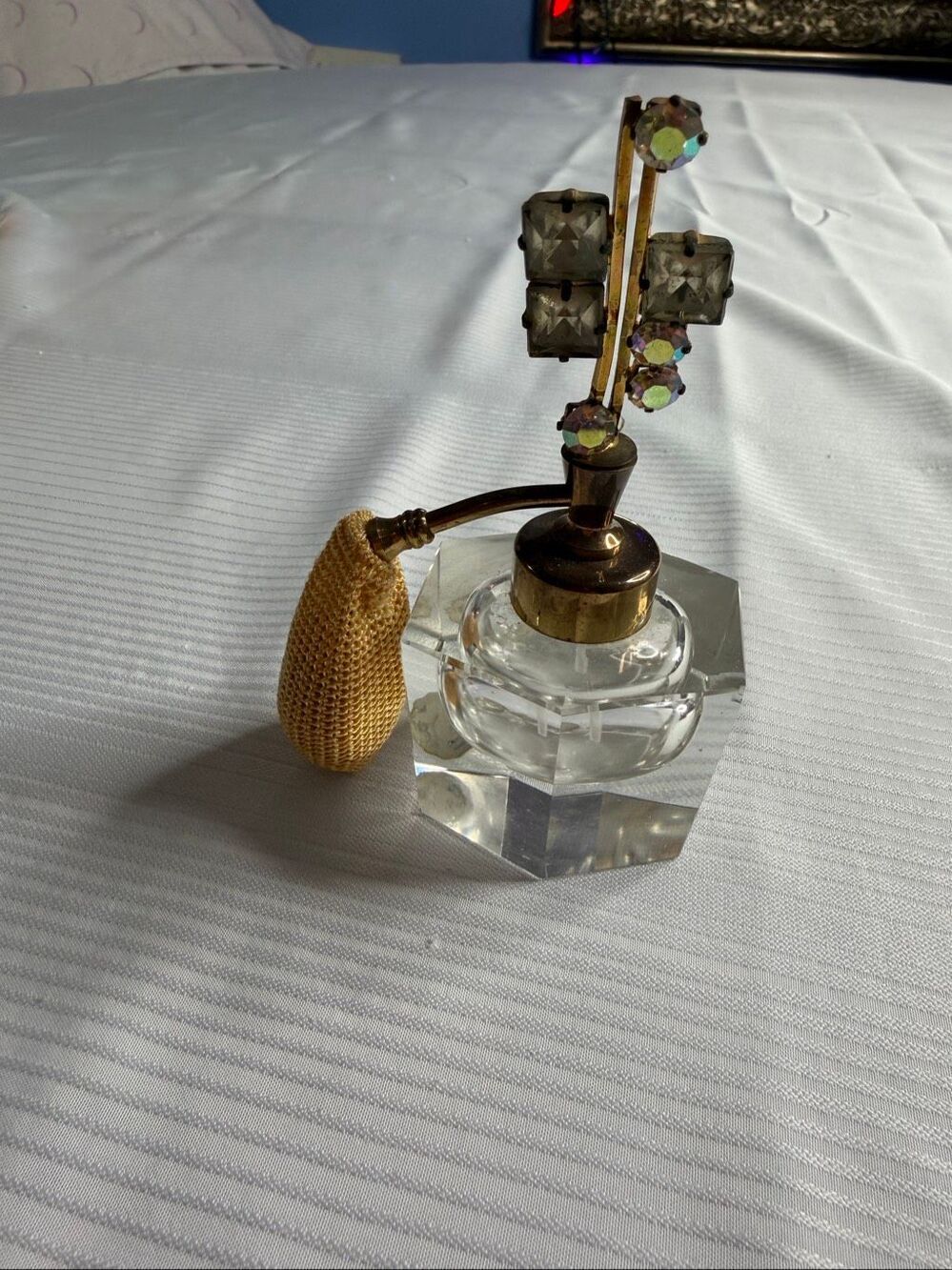 Vintage Irice Crystal Rhinestone Perfume Atomizer Bottle Gold Tone Made in Japan